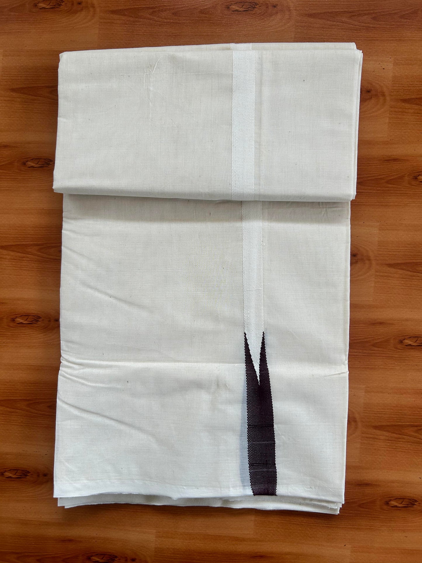 Double Off white Mundu/Dhoti - 20% Discount! KaithariKada Balaramapuram 100% Cotton - 100x100 - 0.5 inch Puliyilakkara Dark Wine Chutty Kara - 4 mtr (8.5 muzham) - 4 KK5401 ASH