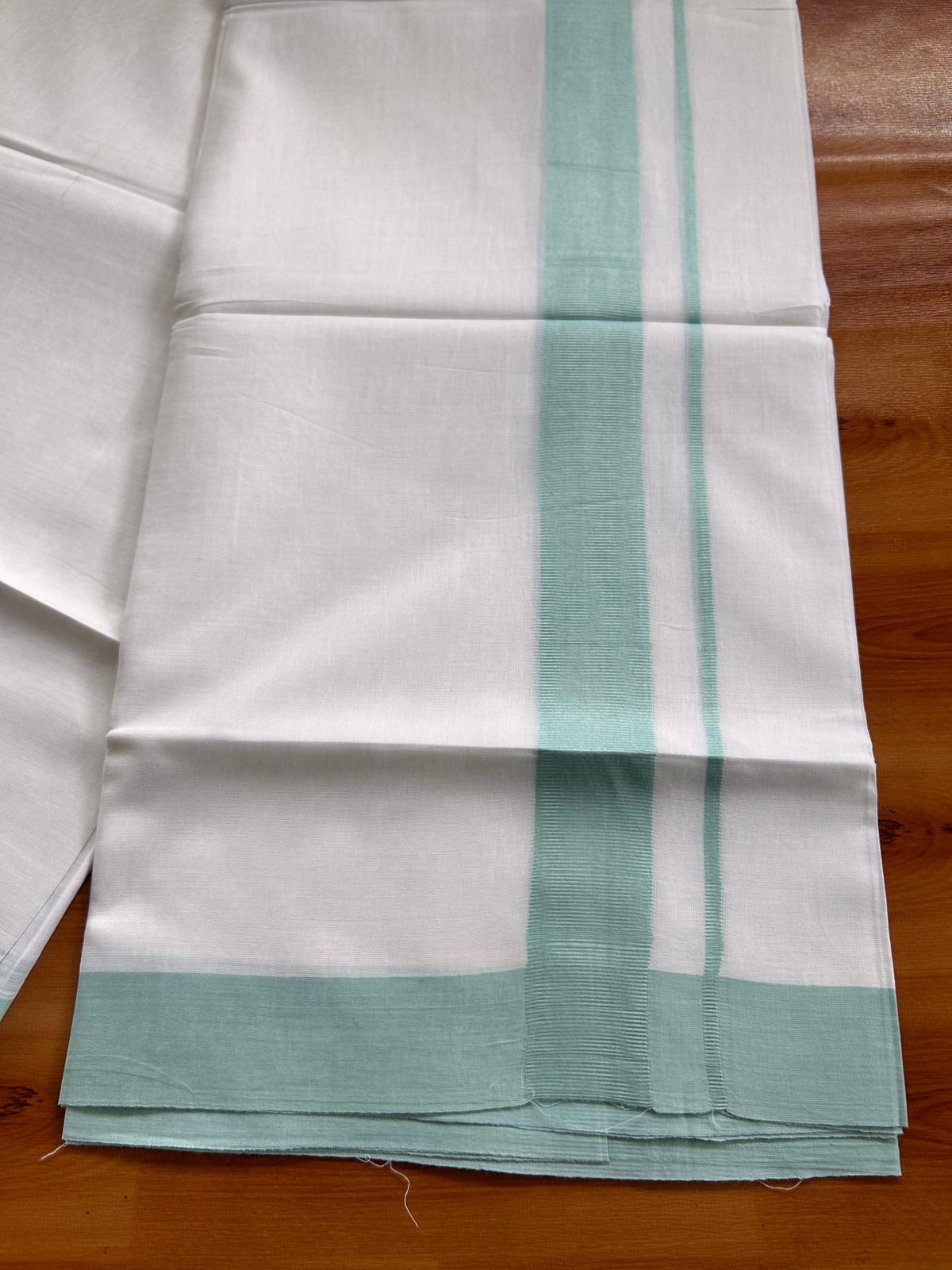 Pure White Double Mundu/Dhoti - 20% Discount ! Kaitharikada Pure Cotton - 100x80 - 1.5 inch Light Turquoise Kara 3.80 mtr (8 muzham) - 28 KK5523 MC