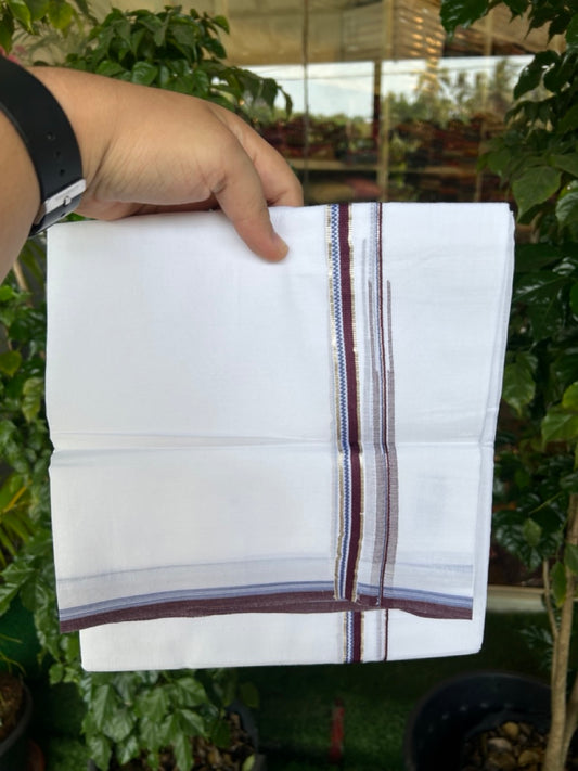 20% Discount !! Kaitharikada Balaramapuram 100% Cotton PURE WHITE DOUBLE Mundu/Dothi- 100X80 Thread - 0.5 inch - Silver Kasavu Maroon & Blue Design Chutty Kara - 49KK5191CKS