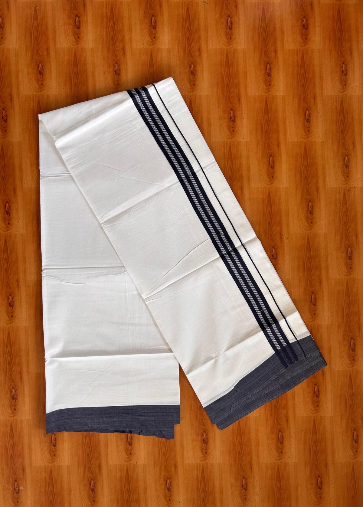 Pure White Double Mundu/Dhoti - 20% Discount ! Kaitharikada Pure Cotton - 100x80 - 1.25 inch Navy Blue Striped Kara 3.80 mtr (8 muzham) - 30 KK5523 MC