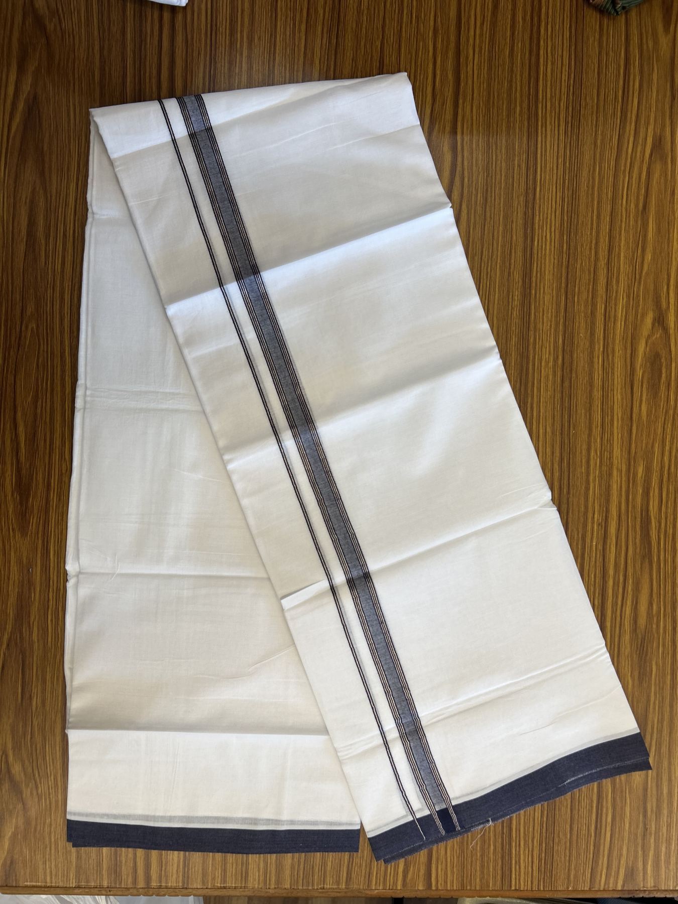 20% Discount! KaithariKada Balaramapuram 100% Cotton Double Pure white Mundu/Dhoti- 100X80 - 0.75 inch Silver Kasav & Navy Blue Striped kara - 4 mtr ( 8.5 muzham) - 19 KK5341 VIN