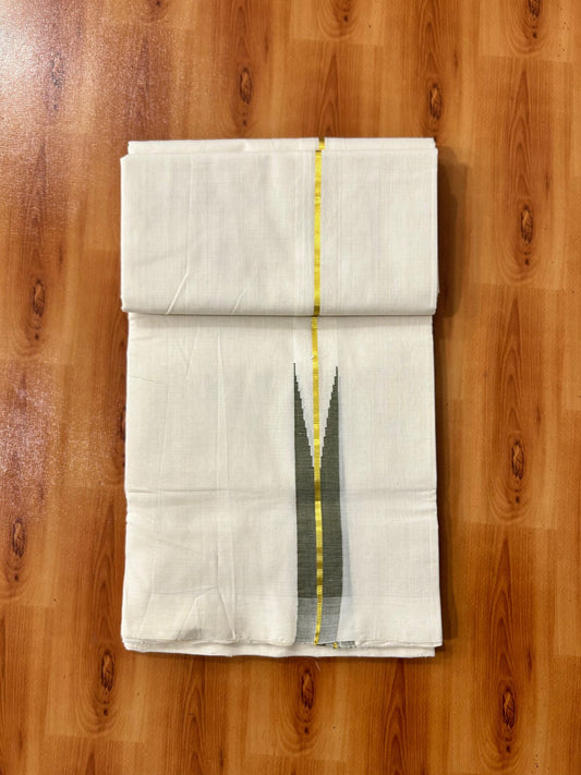 Short Dhoti Special! Double Off White Dhoti - 25% Discount! KaithariKada Kerala Handloom Unakkupaav - 100% Pure Cotton 100x80 - 46 inches Height -1.25 inch Gold Kasav & Olive Green Puliyilakkara Chutty 3.60 mtr (8 muzham) - 2 KK5488 REA