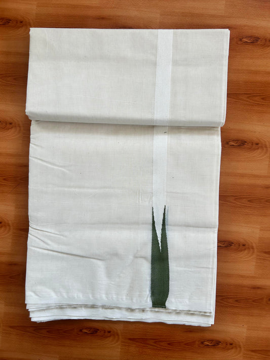 Double Off white Mundu/Dhoti - 24% Discount! KaithariKada Balaramapuram 100% Cotton - 100x100 - 0.5 inch Puliyilakkara Olive Green Chutty Kara - 4 mtr (8.5 muzham) - 3 KK5401 ASH