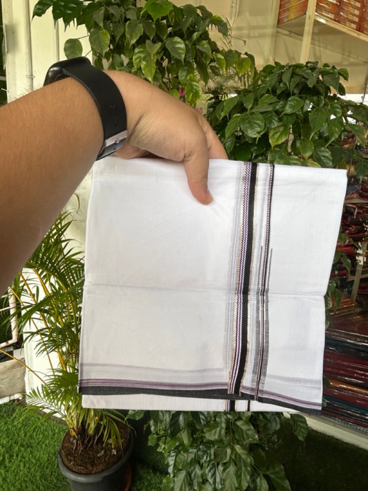 20% Discount !! Kaitharikada Balaramapuram 100% Cotton PURE WHITE DOUBLE Mundu/Dothi- 100X80 Thread - 0.5 inch - Silver Kasavu Purple & Black Design Chutty Kara - 45KK5191CKS