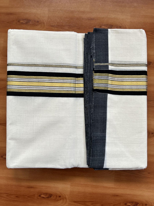 Double Off White - (Unbleached) Mundu/Dhoti - 25% Discount! KaithariKada Handloom Millpaav Kerala Handloom - Pure Cotton - (80X90) - 1.5 inch Gold & Silver Kasav Black Striped Kara 4 mtr (8.5 Muzham) - 12 KK5403 RAM