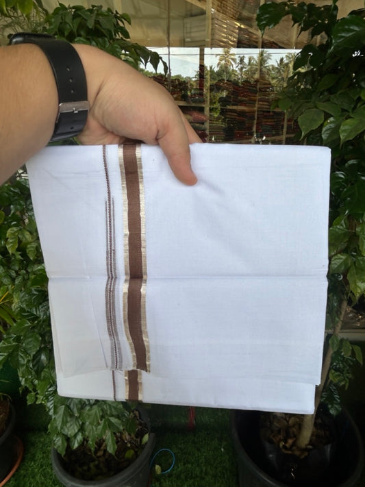 20% Discount !! Kaitharikada Balaramapuram 100% Cotton PURE WHITE Double Mundu/Dothi - 100x80 - 0.75 inch Silver Kasavu & Coffee Brown Chutty Kara - 3KK5191CKS