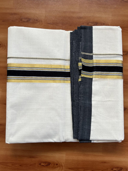 Double Off White - (Unbleached) Mundu/Dhoti - 25% Discount! KaithariKada Handloom Millpaav Kerala Handloom - Pure Cotton - (80X90) - 1.5 inch Gold & Silver Kasav Black Striped Kara 4 mtr (8.5 Muzham) - 11 KK5403 RAM