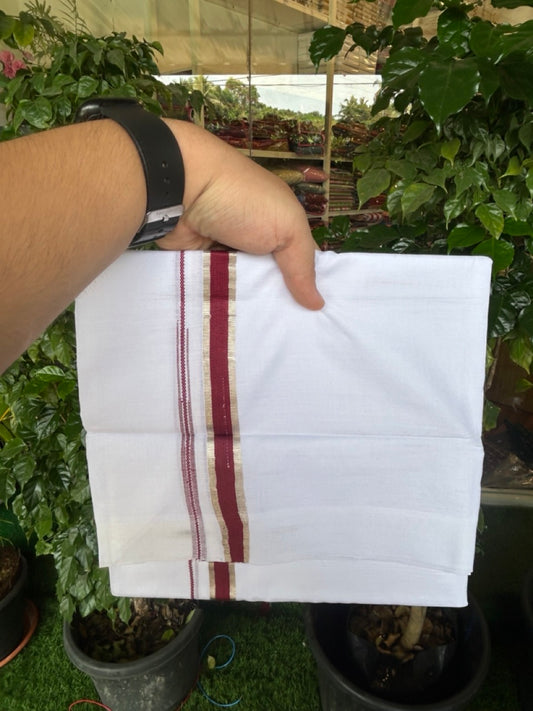 20% Discount !! Kaitharikada Balaramapuram 100% Cotton PURE WHITE Double Mundu/Dothi - 100x80 - 0.75 inch Silver Kasavu & Maroon Chutty Kara - 4KK5191CKS
