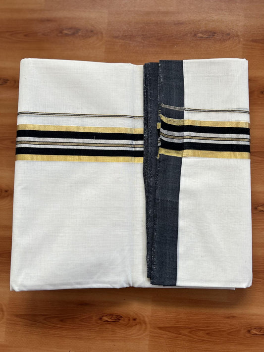 Double Off White - (Unbleached) Mundu/Dhoti - 25% Discount! KaithariKada Handloom Millpaav Kerala Handloom - Pure Cotton - (80X90) - 1.5 inch Gold & Silver Kasav Black Striped Kara 4 mtr (8.5 Muzham) - 10 KK5403 RAM