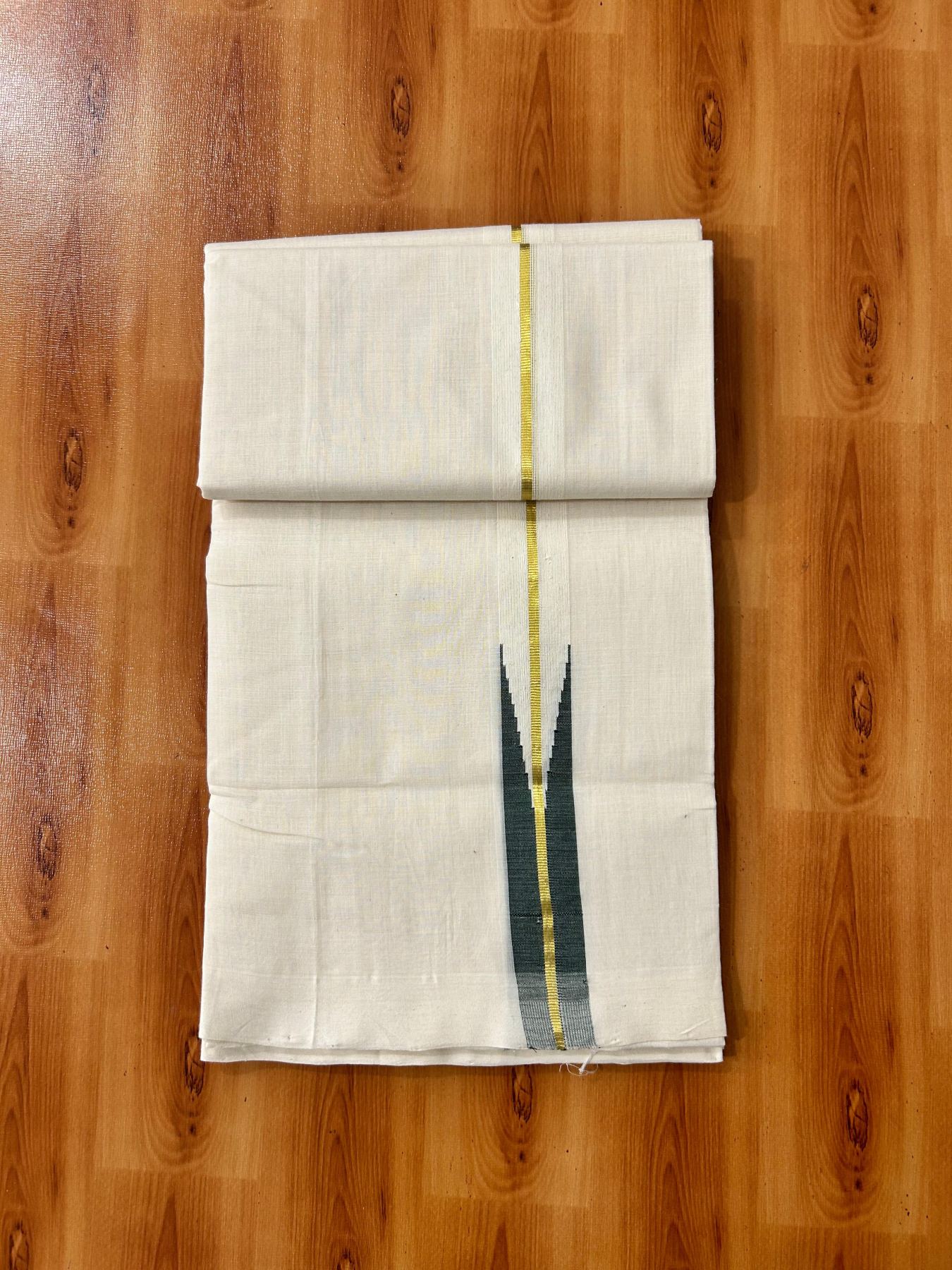 Double Off White Dhoti - 25% Discount! KaithariKada Kerala Handloom Unakkupaav - 100% Pure Cotton 100x80 - 1.25 inch Gold Kasav & Dark Green Puliyilakkara Chutty 3.60 mtr (8 muzham) - 4 KK5488 REA
