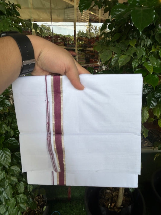 20% Discount !! Kaitharikada Balaramapuram 100% Cotton PURE WHITE Double Mundu/Dothi - 100x80 - 0.75 inch Silver Kasavu & Grape Wine Chutty Kara - 2KK5191CKS