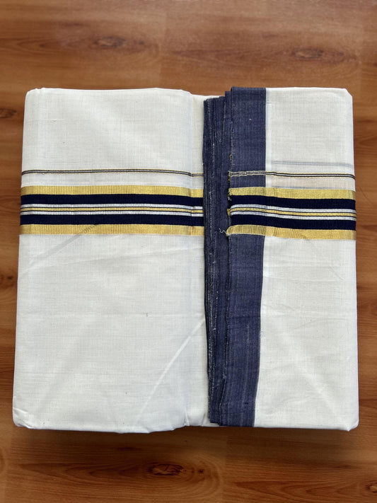 Double Off White - (Unbleached) Mundu/Dhoti - 25% Discount! KaithariKada Handloom Millpaav Kerala Handloom - Pure Cotton - (80X90) - 1.5 inch Gold & Silver Kasav Navy Blue Striped Kara 4 mtr (8.5 Muzham) - 8 KK5403 RAM