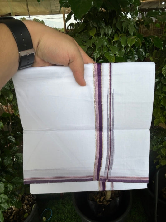 20% Discount !! Kaitharikada Balaramapuram 100% Cotton PURE WHITE DOUBLE Mundu/Dothi- 100X80 Thread - 0.5 inch - Silver Kasavu Purple & Red Design Chutty Kara - 48KK5191CKS