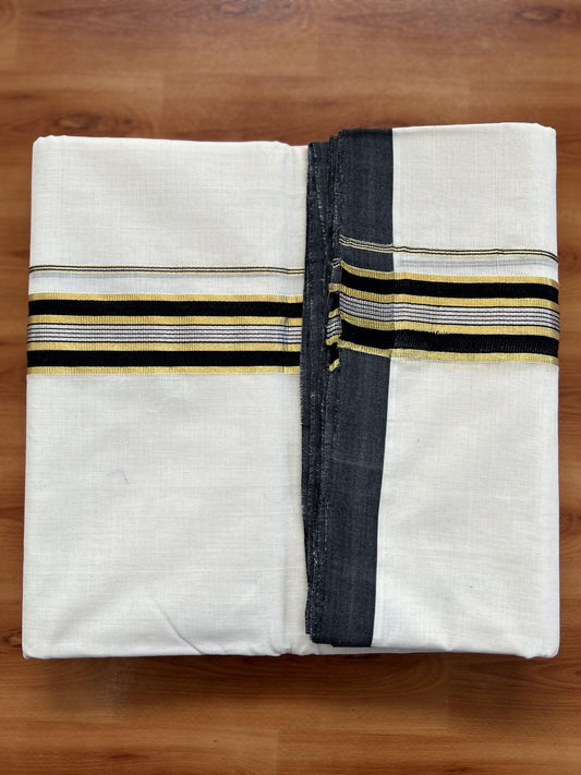 Double Off White - (Unbleached) Mundu/Dhoti - 25% Discount! KaithariKada Handloom Millpaav Kerala Handloom - Pure Cotton - (80X90) - 1.5 inch Gold & Silver Kasav Black Striped Kara 4 mtr (8.5 Muzham) - 13 KK5403 RAM