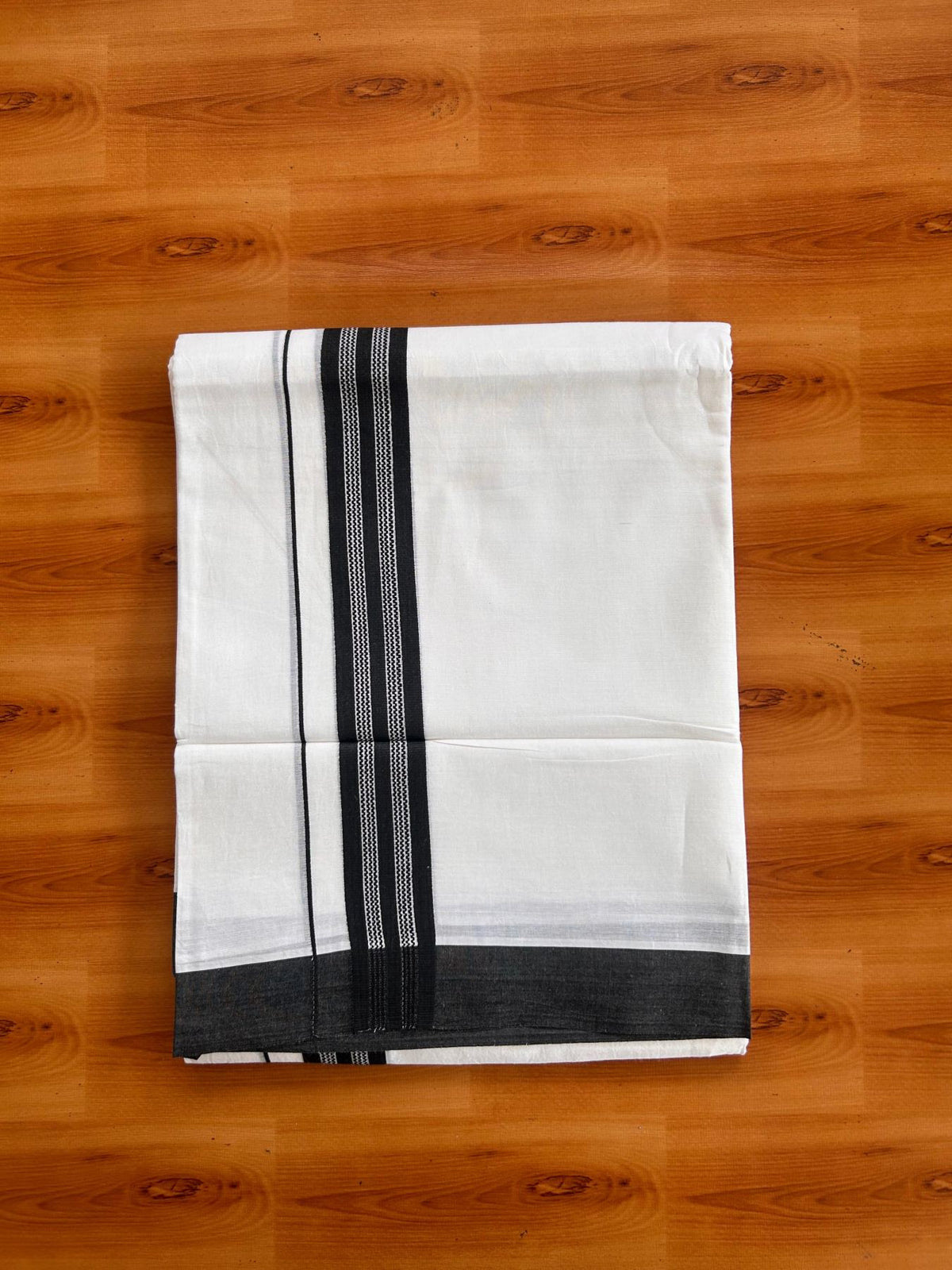 Pure White Double Mundu/Dhoti - 20% Discount ! Kaitharikada Pure Cotton - 100x80 - 1.5 inch Black striped Kara 3.80 mtr (8 muzham) - 31 KK5523 MC