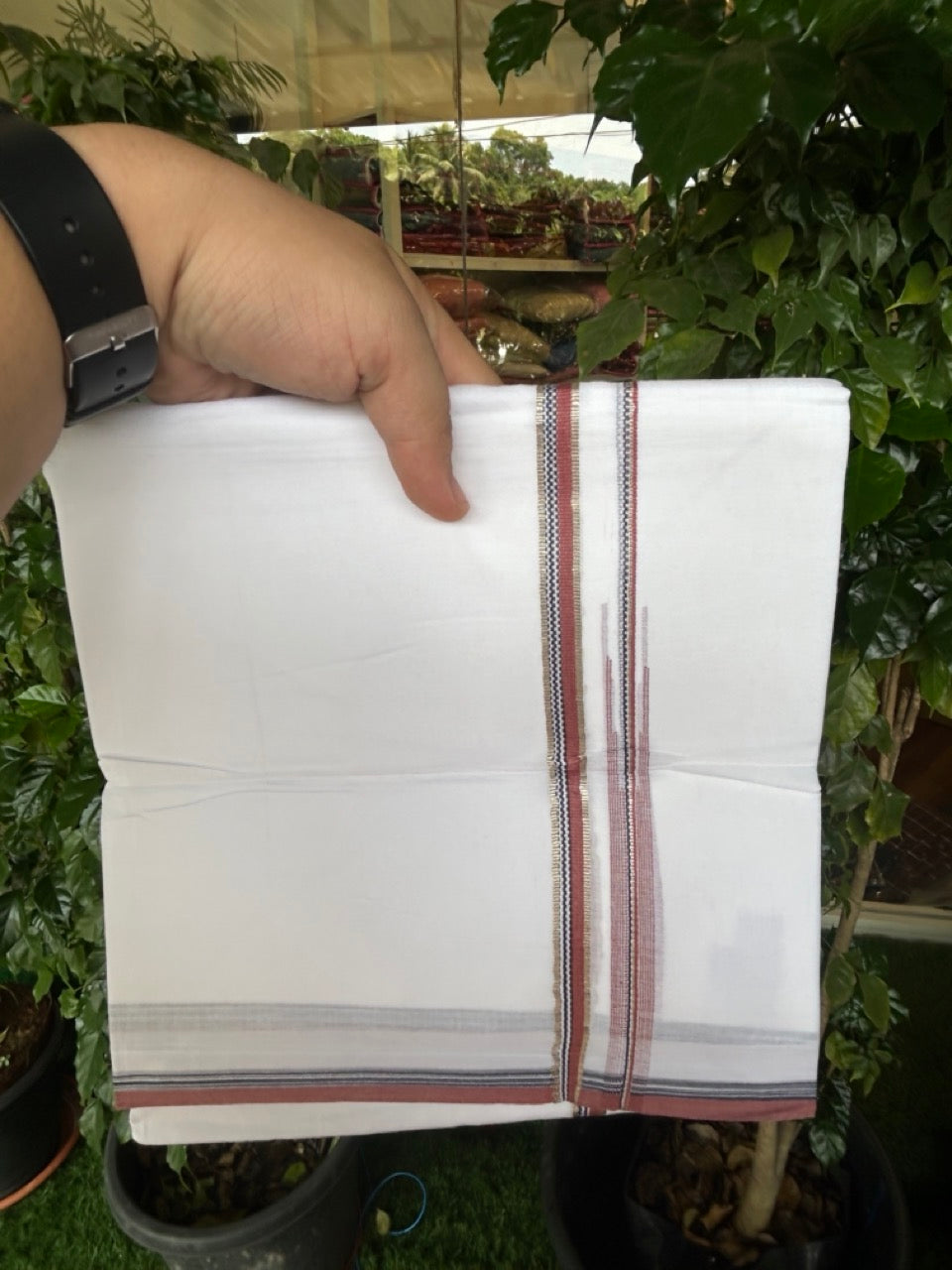 20% Discount !! Kaitharikada Balaramapuram 100% Cotton PURE WHITE DOUBLE Mundu/Dothi- 100X80 Thread - 0.5 inch - Silver Kasavu Brown & Black Design Chutty Kara - 42KK5191CKS