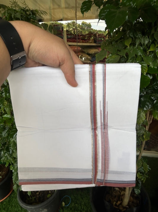 20% Discount !! Kaitharikada Balaramapuram 100% Cotton PURE WHITE DOUBLE Mundu/Dothi- 100X80 Thread - 0.5 inch - Silver Kasavu Brown & Black Design Chutty Kara - 42KK5191CKS