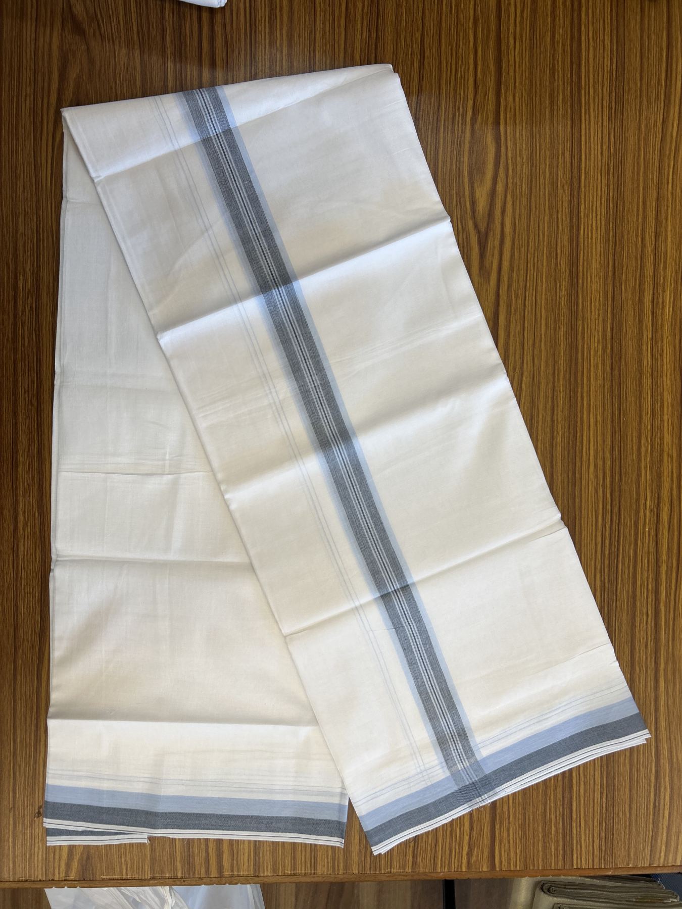20% Discount! KaithariKada Balaramapuram 100% Cotton Double Pure white Mundu/Dhoti - 100X80 - 1.5 inch Light Blue & Ash Blue shaded Stripes kara - 4 mtr ( 8.5 muzham) - 120 KK5341 VIN