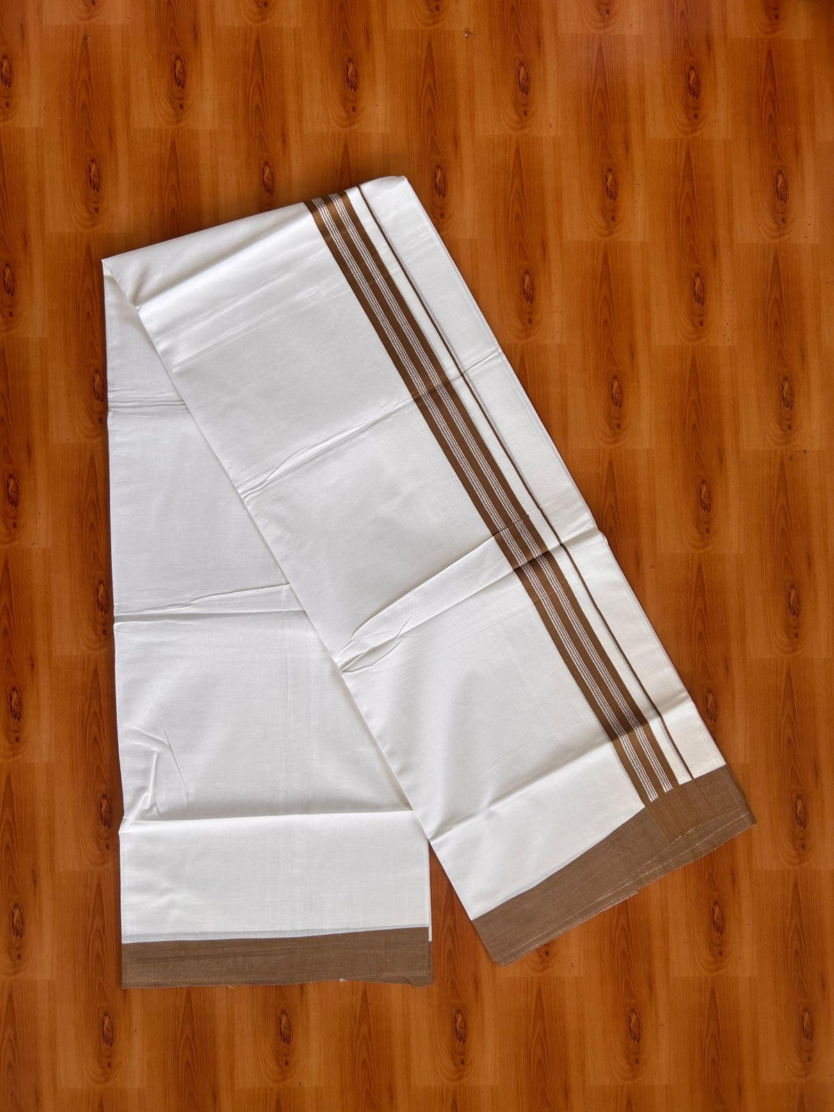 Pure White Double Mundu/Dhoti - 20% Discount ! Kaitharikada Pure Cotton - 100x80 - 1.25 inch Olive Brown striped Kara 3.80 mtr (8 muzham) - 32 KK5523 MC