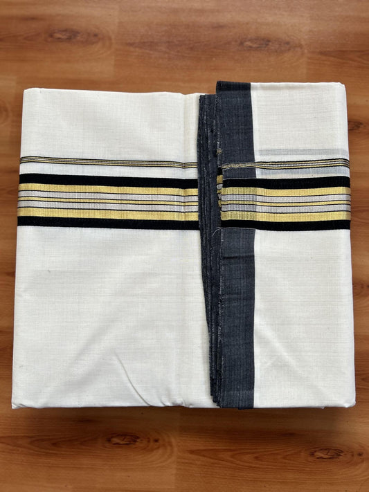 Double Off White - (Unbleached) Mundu/Dhoti - 25% Discount! KaithariKada Handloom Millpaav Kerala Handloom - Pure Cotton - (80X90) - 1.5 inch Gold & Silver Kasav Black Striped Kara 4 mtr (8.5 Muzham) - 14 KK5403 RAM