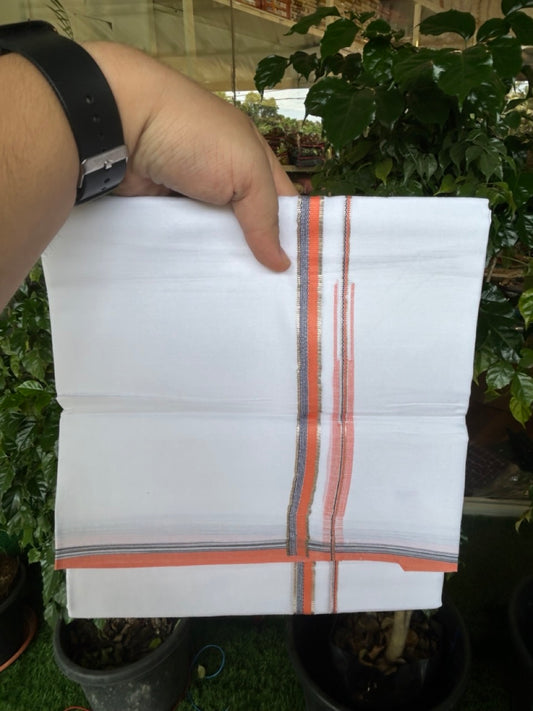 20% Discount !! Kaitharikada Balaramapuram 100% Cotton PURE WHITE DOUBLE Mundu/Dothi- 100X80 Thread - 0.5 inch - Silver Kasavu Neon Orange & Black Design Chutty Kara - 41KK5191CKS
