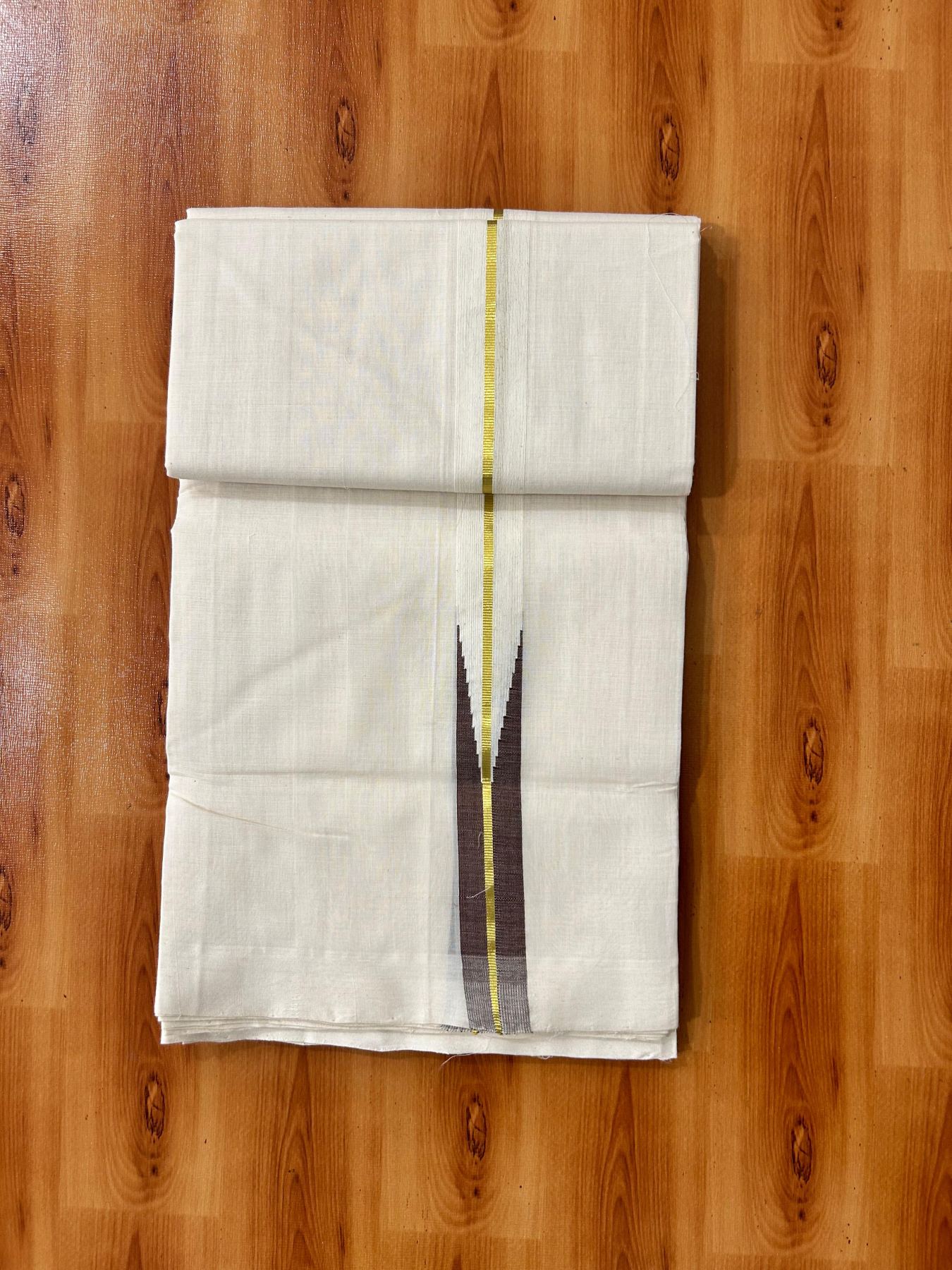 Double Off White Dhoti - 25% Discount! KaithariKada Kerala Handloom Unakkupaav - 100% Pure Cotton 100x80 - 1.25 inch Gold Kasav & Brown Puliyilakkara Chutty 3.60 mtr (8 muzham) - 5 KK5488 REA