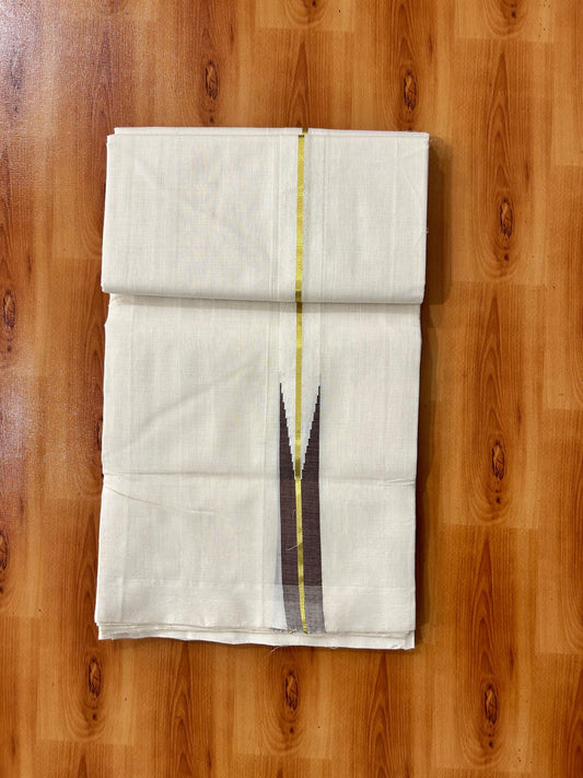 Double Off White Dhoti - 25% Discount! KaithariKada Kerala Handloom Unakkupaav - 100% Pure Cotton 100x80 - 1.25 inch Gold Kasav & Brown Puliyilakkara Chutty 3.60 mtr (8 muzham) - 5 KK5488 REA