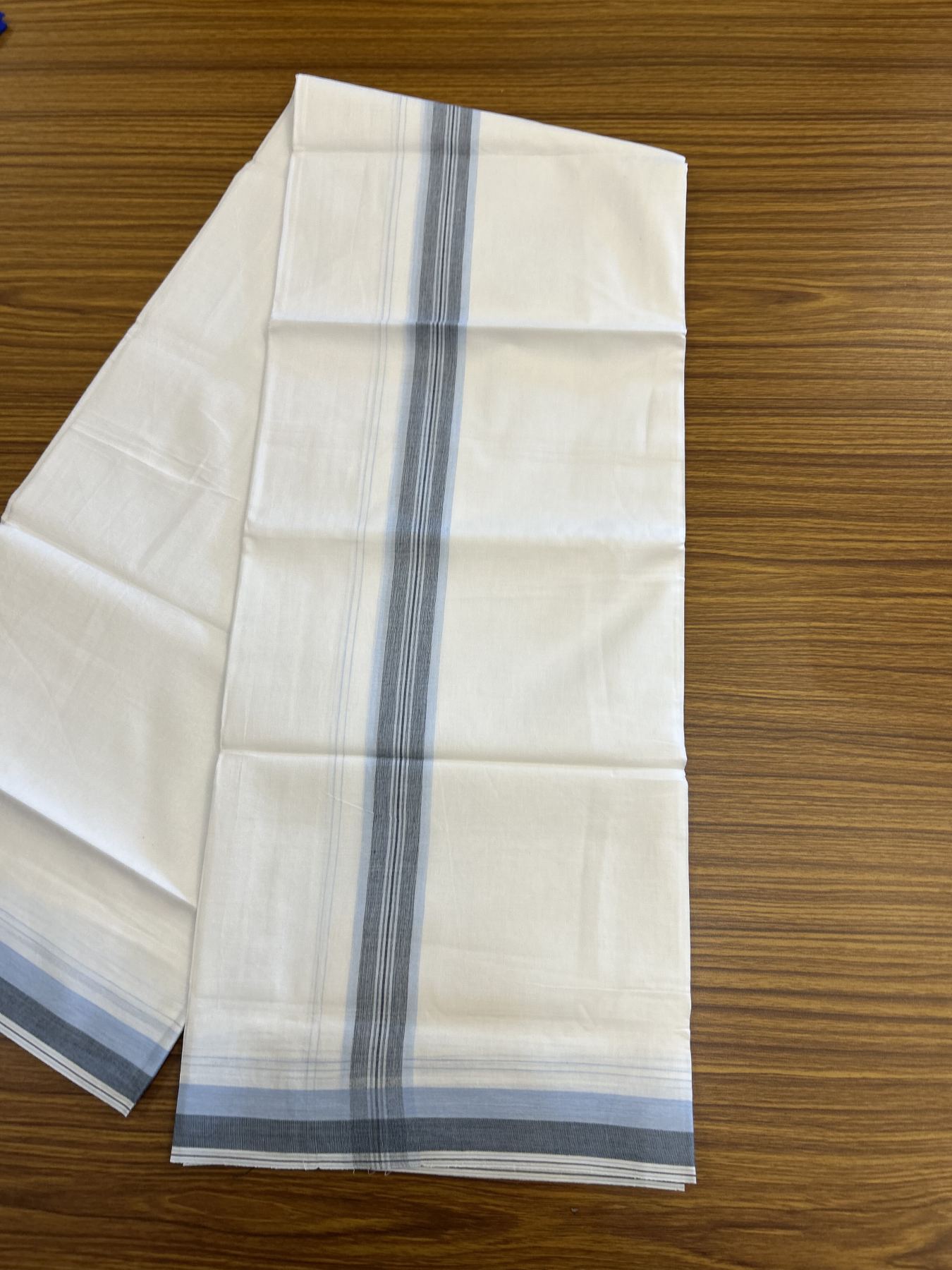 20% Discount! KaithariKada Balaramapuram 100% Cotton Double Pure white Mundu/Dhoti - 100X80 - 1.5 inch Light Blue & Ash Blue shaded Stripes kara - 4 mtr ( 8.5 muzham) - 120 KK5341 VIN