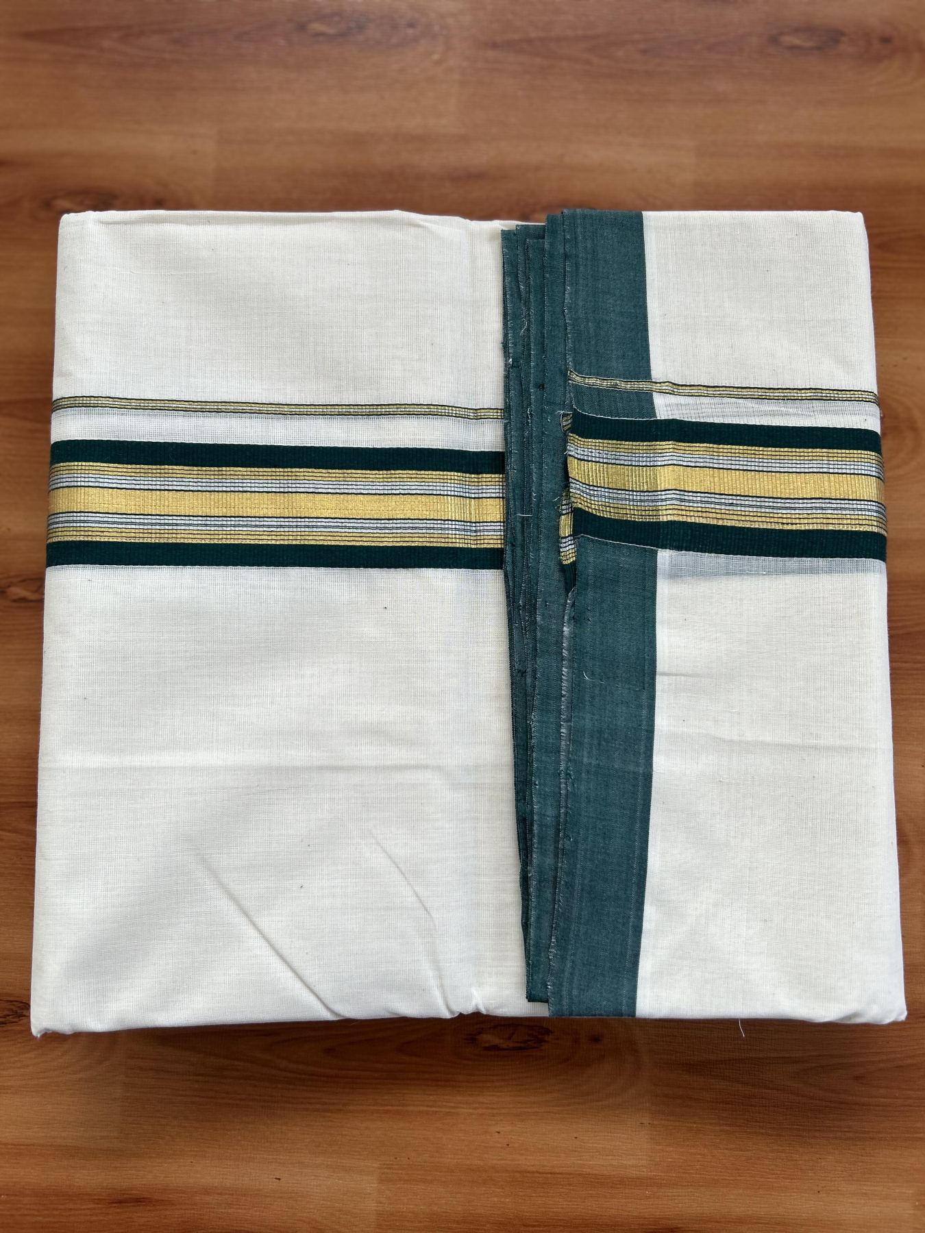 Double Off White - (Unbleached) Mundu/Dhoti - 25% Discount! KaithariKada Handloom Millpaav Kerala Handloom - Pure Cotton - (80X90) - 1.5 inch Gold & Silver Kasav Green Striped Kara 4 mtr (8.5 Muzham) - 9 KK5403 RAM