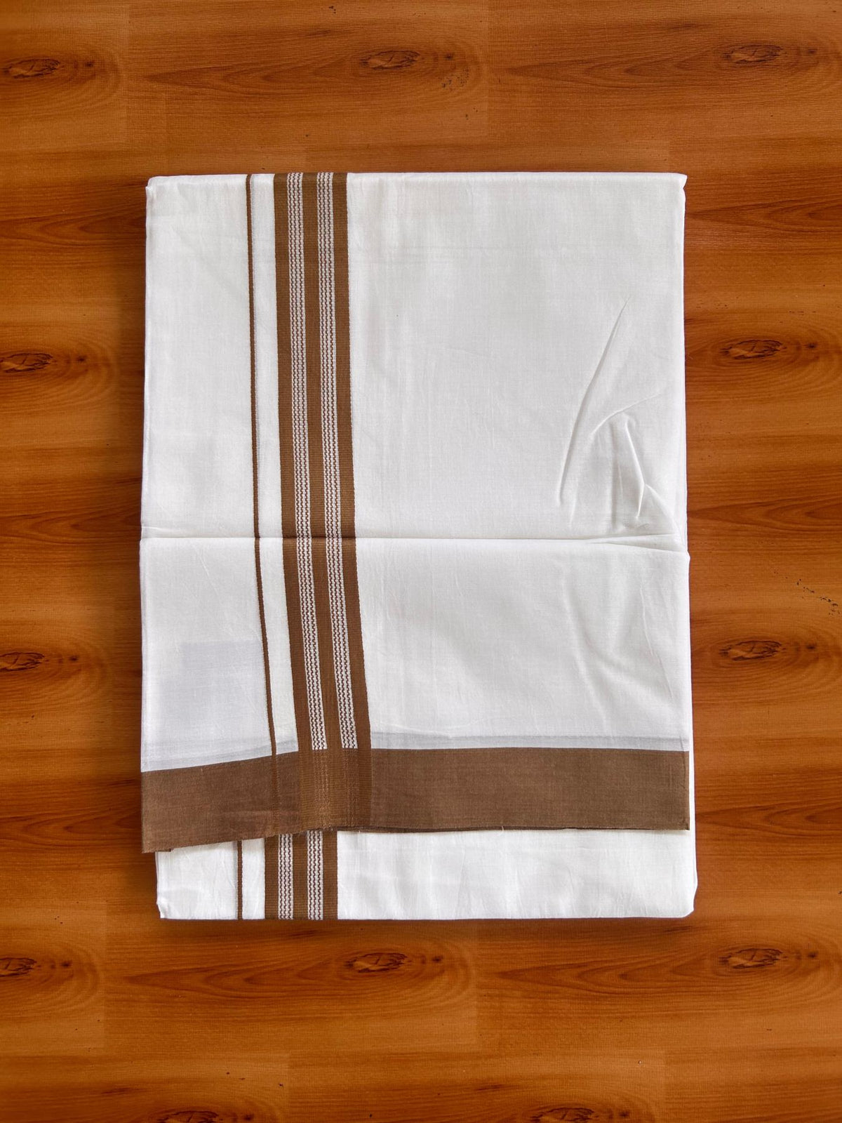 Pure White Double Mundu/Dhoti - 20% Discount ! Kaitharikada Pure Cotton - 100x80 - 1.25 inch Olive Brown striped Kara 3.80 mtr (8 muzham) - 32 KK5523 MC
