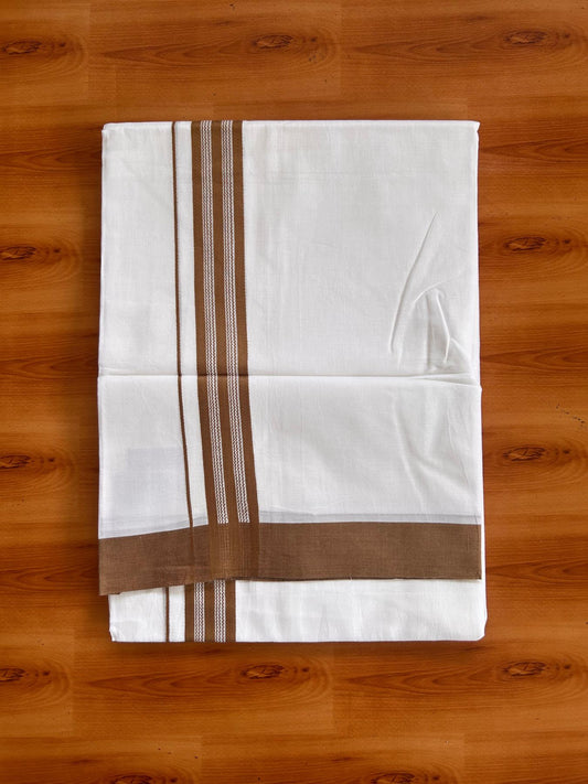 Pure White Double Mundu/Dhoti - 20% Discount ! Kaitharikada Pure Cotton - 100x80 - 1.25 inch Olive Brown striped Kara 3.80 mtr (8 muzham) - 32 KK5523 MC