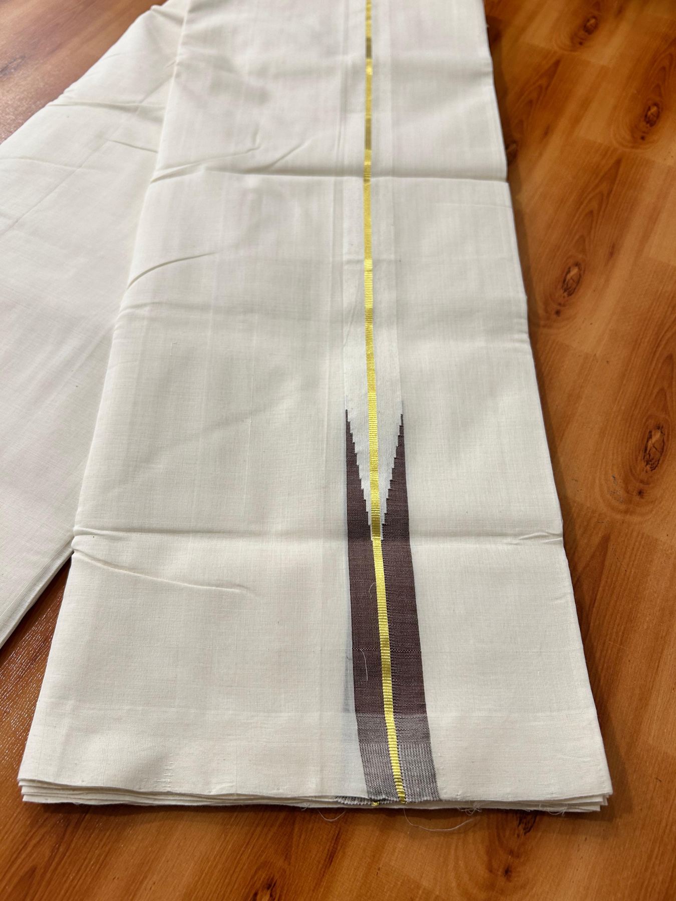 Double Off White Dhoti - 25% Discount! KaithariKada Kerala Handloom Unakkupaav - 100% Pure Cotton 100x80 - 1.25 inch Gold Kasav & Brown Puliyilakkara Chutty 3.60 mtr (8 muzham) - 5 KK5488 REA