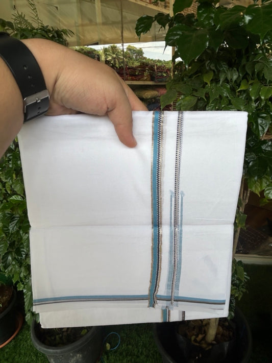 20% Discount !! Kaitharikada Balaramapuram 100% Cotton PURE WHITE DOUBLE Mundu/Dothi- 100X80 Thread - 0.5 inch - Silver Kasavu Sky Blue & Black Design Chutty Kara - 44KK5191CKS