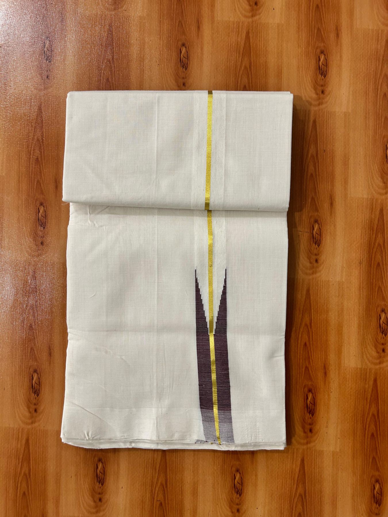Double Off White Dhoti - 25% Discount! KaithariKada Kerala Handloom Unakkupaav - 100% Pure Cotton 100x80 - 1.25 inch Gold Kasav & Dark Maroon Puliyilakkara Chutty 3.60 mtr (8 muzham) - 3 KK5488 REA