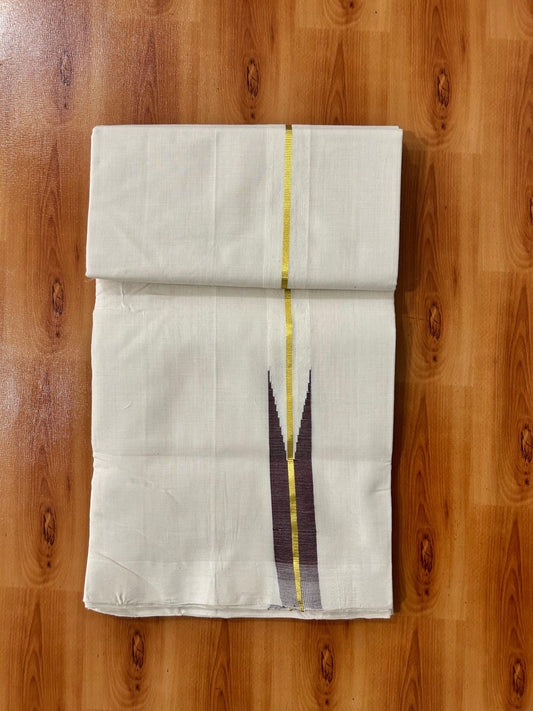 Short Dhoti Special! Double Off White Dhoti - 25% Discount! KaithariKada Kerala Handloom Unakkupaav - 100% Pure Cotton 100x80 -46 inches Height - 1.25 inch Gold Kasav & Dark Maroon Puliyilakkara Chutty 3.60 mtr (8 muzham) - 3 KK5488 REA
