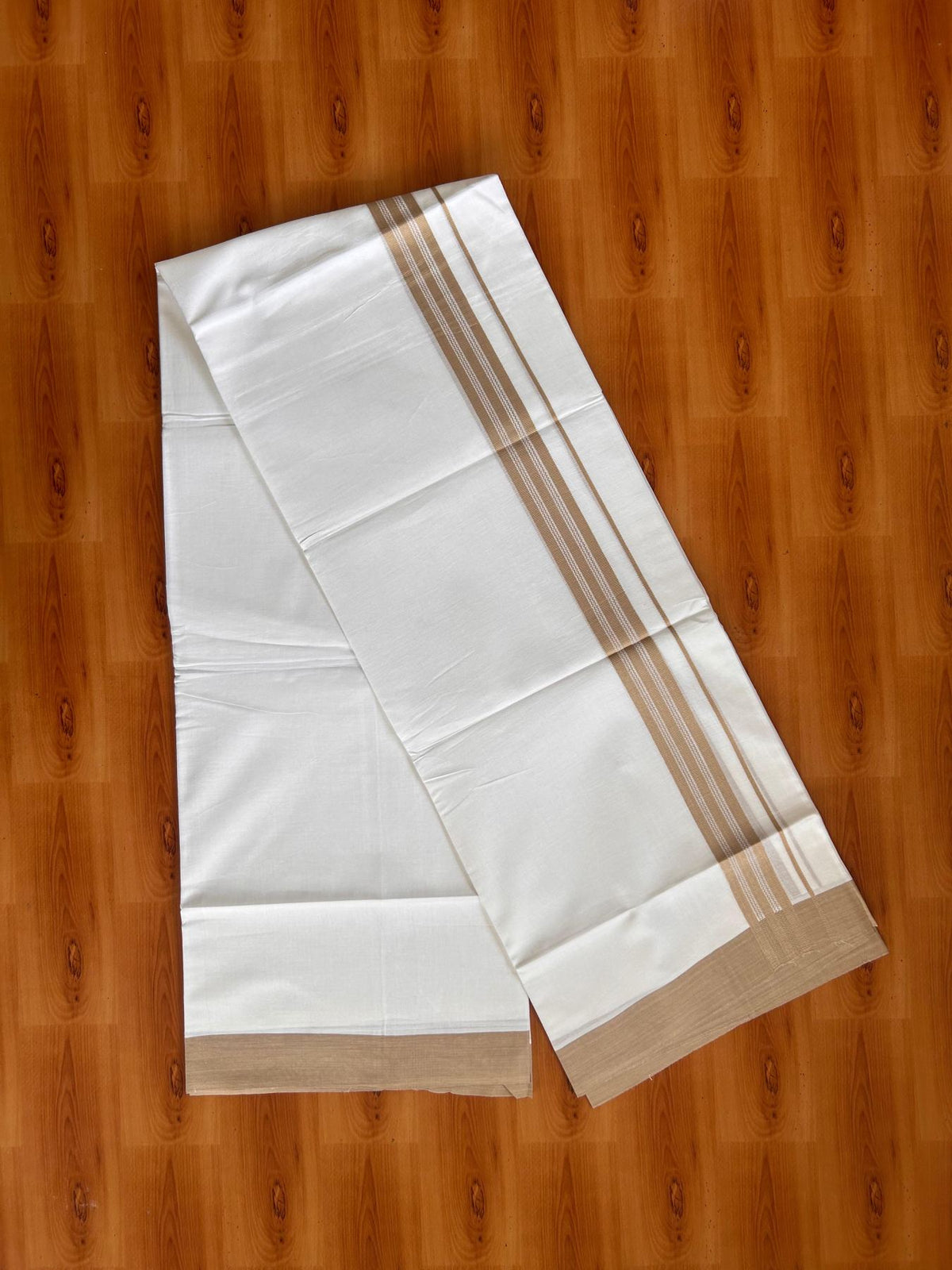 Pure White Double Mundu/Dhoti - 20% Discount ! Kaitharikada Pure Cotton - 100x80 - 1.25 inch sand Brown striped Kara 3.80 mtr (8 muzham) - 33 KK5523 MC