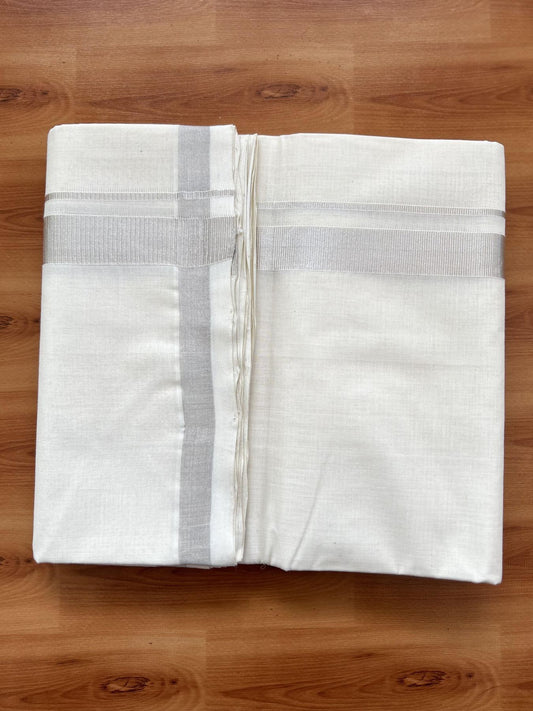 Double Off White - (Unbleached) Mundu/Dhoti - 25% Discount! KaithariKada Handloom Millpaav Kerala Handloom - Pure Cotton - (80X90) - 1 inch Silver Kasav Kara 4 mtr (8.5 Muzham) - 6 KK5403 RAM