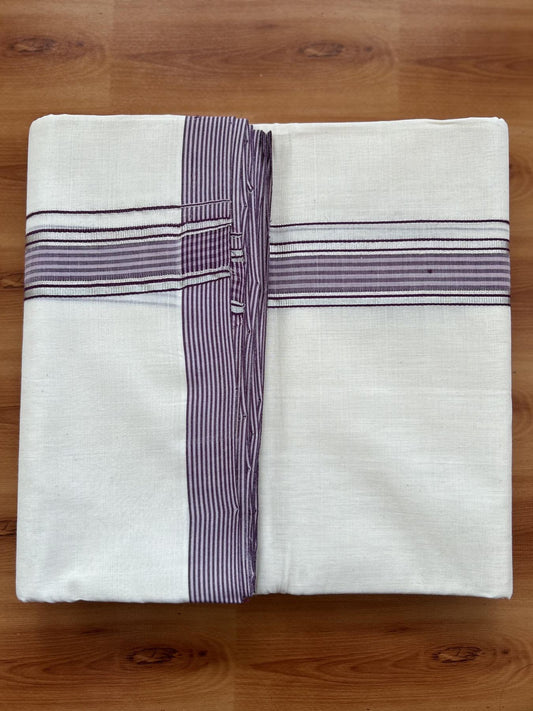 Double Off White - (Unbleached) Mundu/Dhoti - 25% Discount! KaithariKada Handloom Millpaav Kerala Handloom - Pure Cotton - (80X90) - 1.25 inch Silver Kasav & Plum Striped Kara 4 mtr (8.5 Muzham) - 7 KK5403 RAM