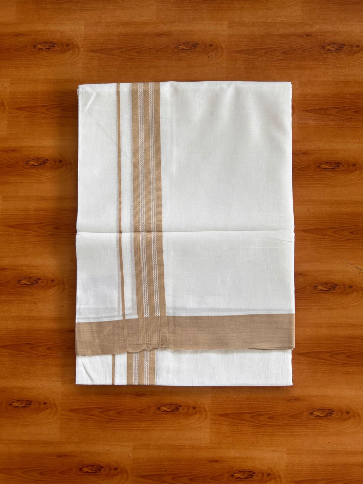 Pure White Double Mundu/Dhoti - 20% Discount ! Kaitharikada Pure Cotton - 100x80 - 1.25 inch sand Brown striped Kara 3.80 mtr (8 muzham) - 33 KK5523 MC