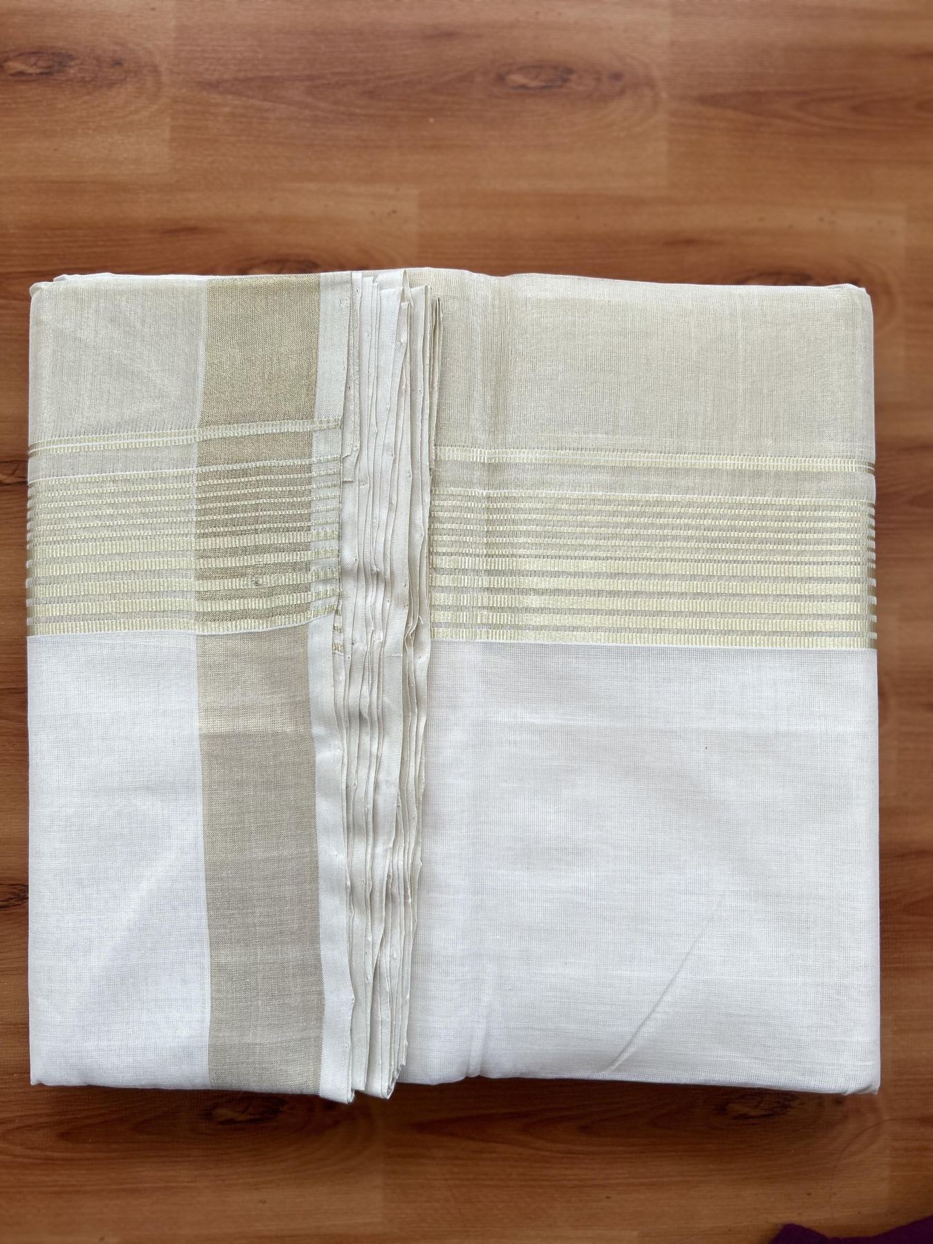 Double Off White - (Unbleached) Mundu/Dhoti - 25% Discount! KaithariKada Handloom Millpaav Kerala Handloom - Pure Cotton - (80X90) - 7 inch Light Gold Kasav Half Tissue Striped Kara 4 mtr (8.5 Muzham) - 5 KK5403 RAM