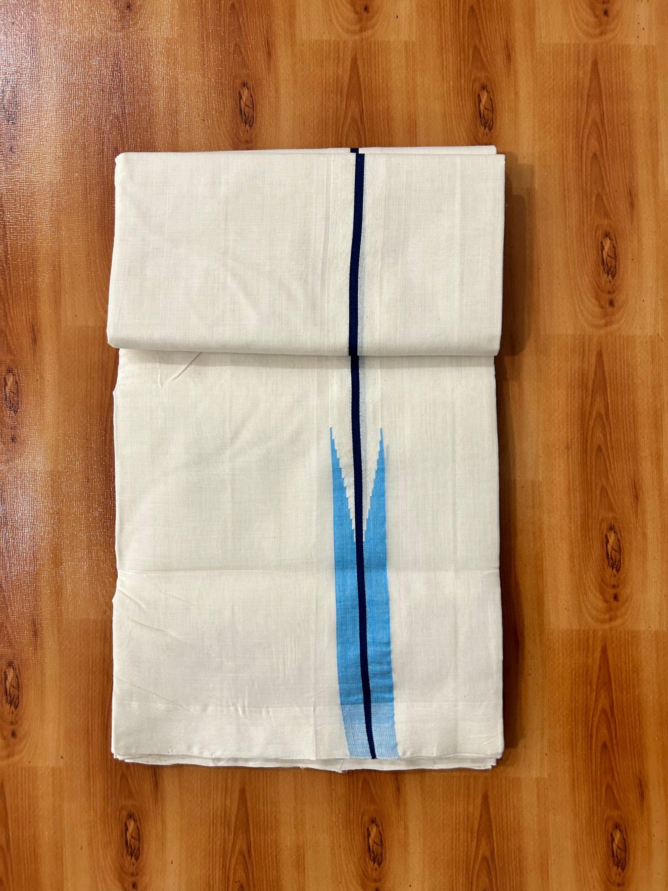 Double Off White Dhoti - 25% Discount! KaithariKada Kerala Handloom Unakkupaav - 100% Pure Cotton 100x80 - 1.25 inch Dark Blue & Light Blue Puliyilakkara Chutty 3.60 mtr (8 muzham) - 6 KK5488 REA