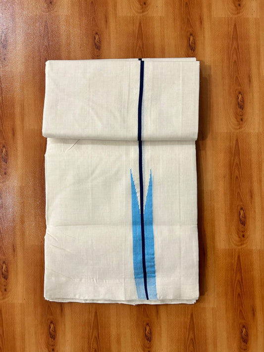 Short Dhoti Special! Double Off White Dhoti - 25% Discount! KaithariKada Kerala Handloom Unakkupaav - 100% Pure Cotton 100x80 - 46 inches Height -1.25 inch Dark Blue & Light Blue Puliyilakkara Chutty 3.60 mtr (8 muzham) - 6 KK5488 REA