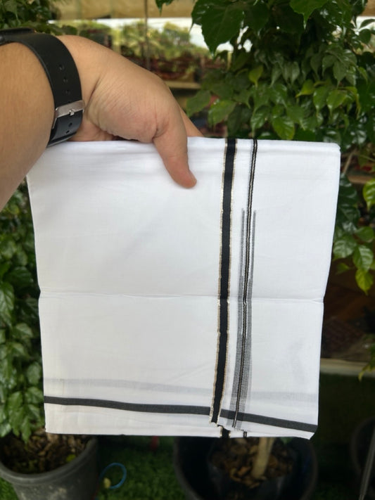 20% Discount !! Kaitharikada Balaramapuram 100% Cotton PURE WHITE Double Mundu/Dothi - 100x80 - 0.25 inch Silver Kasavu & Black Chutty Kara - 6KK5191CKS