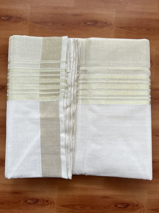 Double Off White - (Unbleached) Mundu/Dhoti - 25% Discount! KaithariKada Handloom Millpaav Kerala Handloom - Pure Cotton - (80X90) - 7 inch Light Gold Kasav Half Tissue Striped Kara 4 mtr (8.5 Muzham) - 4 KK5403 RAM