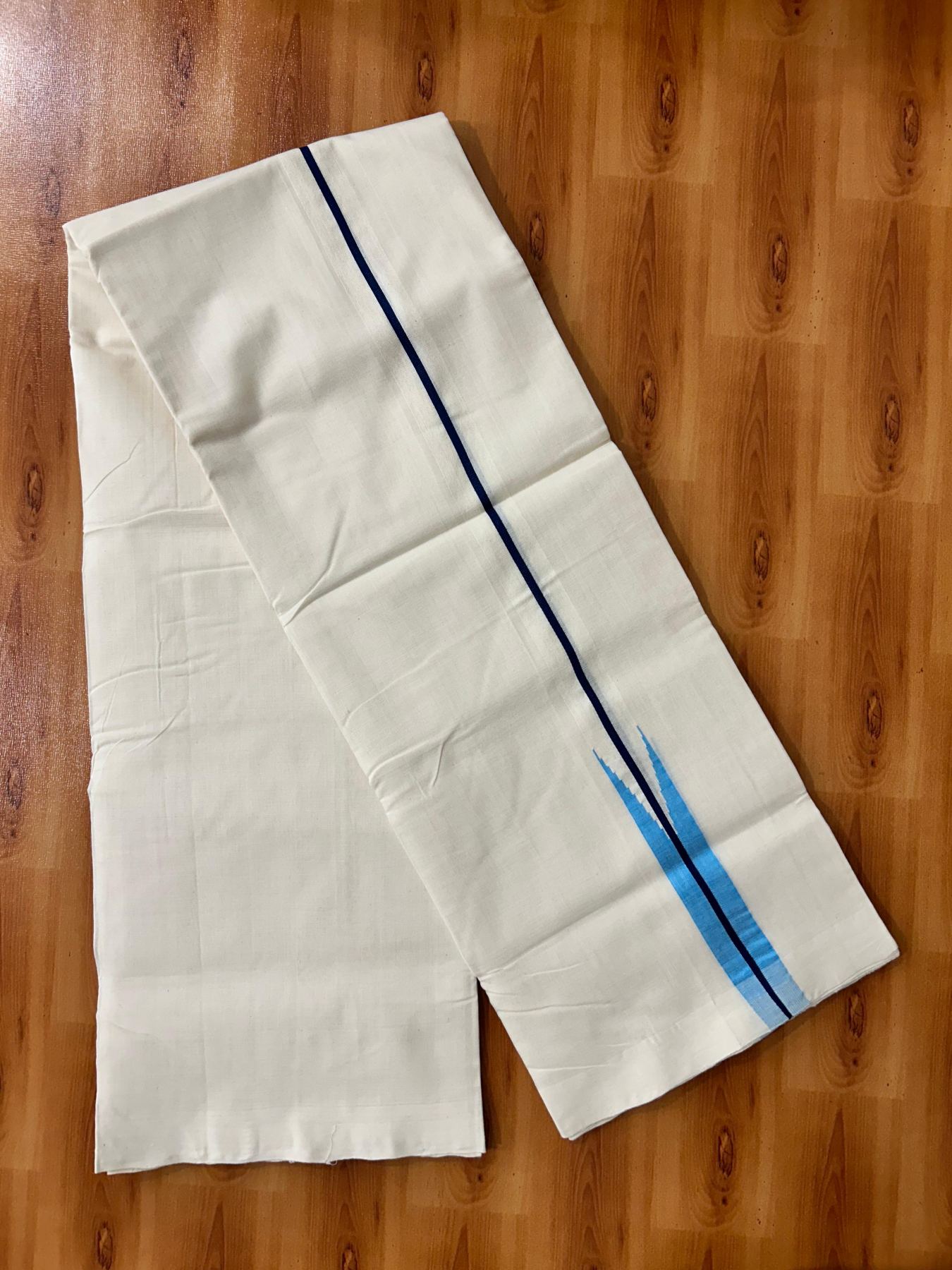 Double Off White Dhoti - 25% Discount! KaithariKada Kerala Handloom Unakkupaav - 100% Pure Cotton 100x80 - 1.25 inch Dark Blue & Light Blue Puliyilakkara Chutty 3.60 mtr (8 muzham) - 6 KK5488 REA