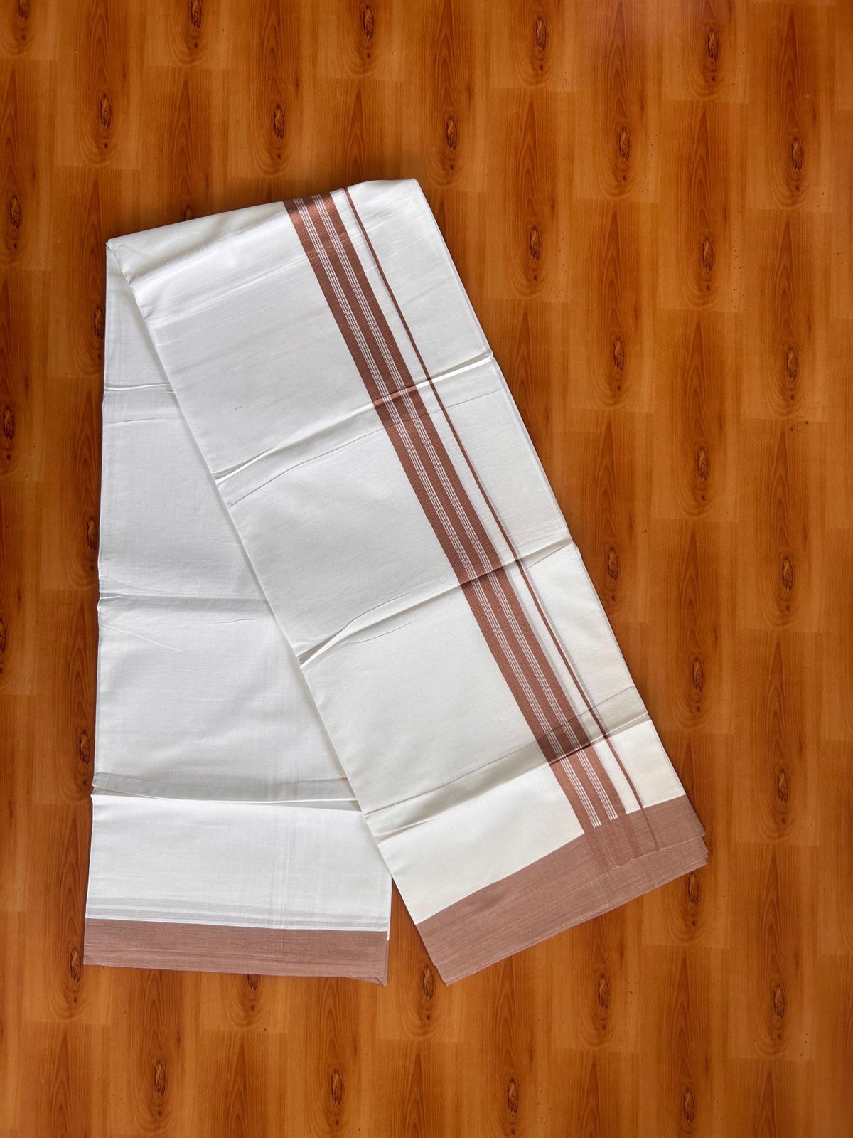Pure White Double Mundu/Dhoti - 20% Discount ! Kaitharikada Pure Cotton - 100x80 - 1.25 inch Peach Brown striped Kara 3.80 mtr (8 muzham) - 35 KK5523 MC
