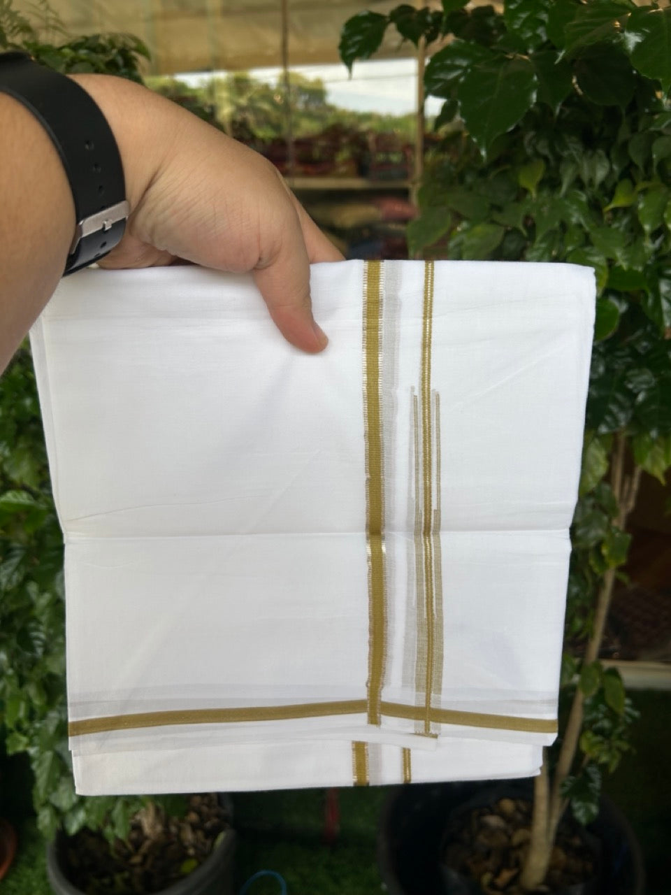20% Discount !! Kaitharikada Balaramapuram 100% Cotton PURE WHITE Double Mundu/Dothi - 100x80 - 0.25 inch Silver Kasavu & Olive Yellow Chutty Kara - 9KK5191CKS