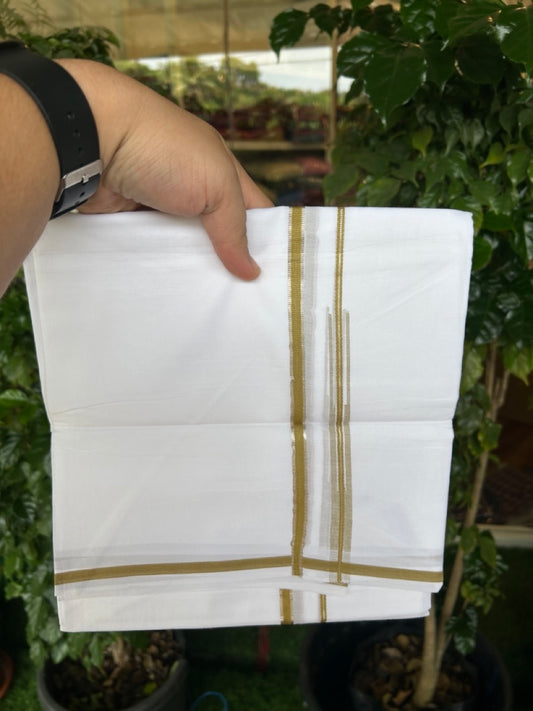 20% Discount !! Kaitharikada Balaramapuram 100% Cotton PURE WHITE Double Mundu/Dothi - 100x80 - 0.25 inch Silver Kasavu & Olive Yellow Chutty Kara - 9KK5191CKS
