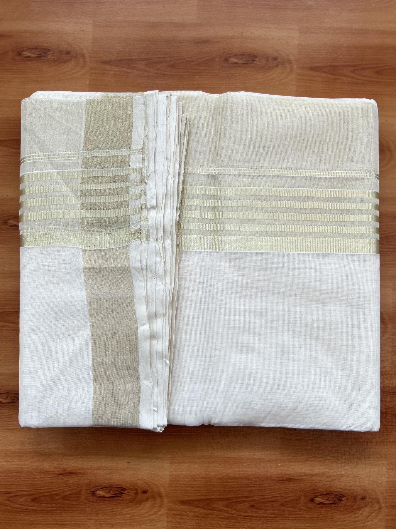 Double Off White - (Unbleached) Mundu/Dhoti - 25% Discount! KaithariKada Handloom Millpaav Kerala Handloom - Pure Cotton - (80X90) - 7 inch Light Gold Kasav Half Tissue Striped Kara 4 mtr (8.5 Muzham) - 3 KK5403 RAM
