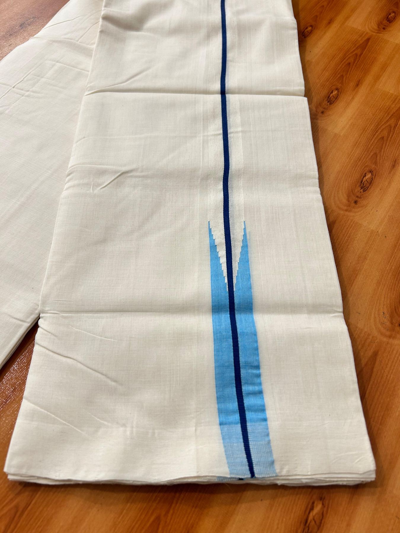 Double Off White Dhoti - 25% Discount! KaithariKada Kerala Handloom Unakkupaav - 100% Pure Cotton 100x80 - 1.25 inch Dark Blue & Light Blue Puliyilakkara Chutty 3.60 mtr (8 muzham) - 6 KK5488 REA